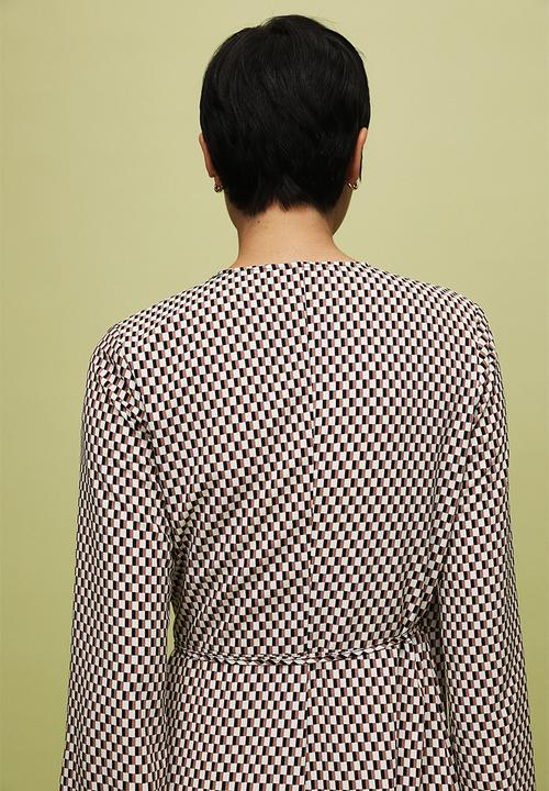 H&M - Crêpe wrap dress - natural white/checked