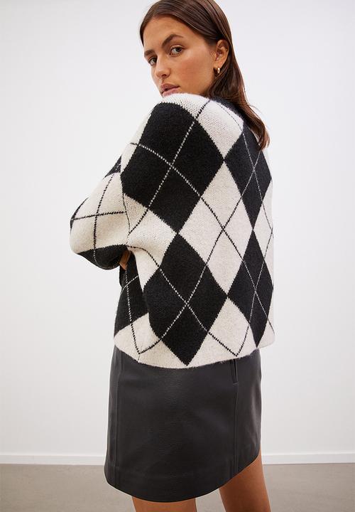 H&M - Oversized jacquard-knit jumper - black/argyle pattern