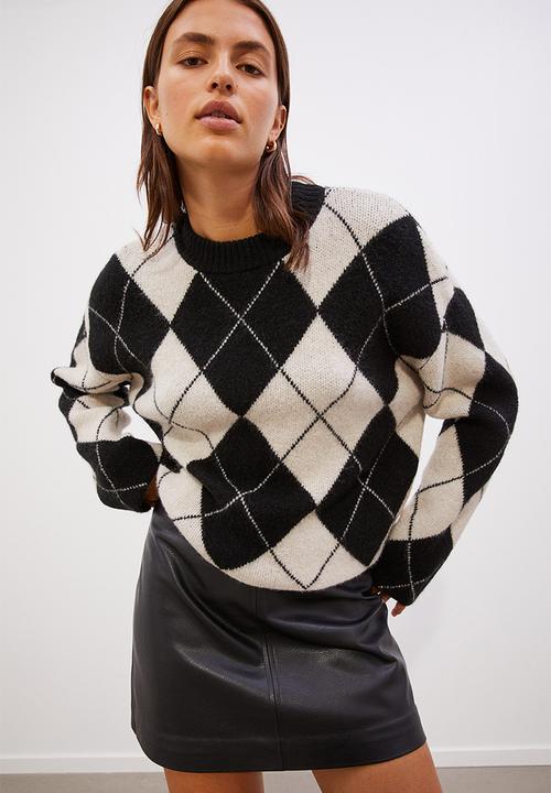 H&M - Oversized jacquard-knit jumper - black/argyle pattern