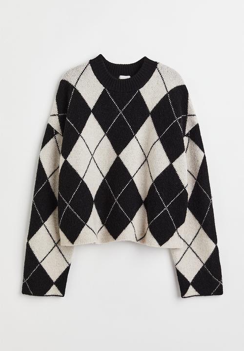 H&M - Oversized jacquard-knit jumper - black/argyle pattern
