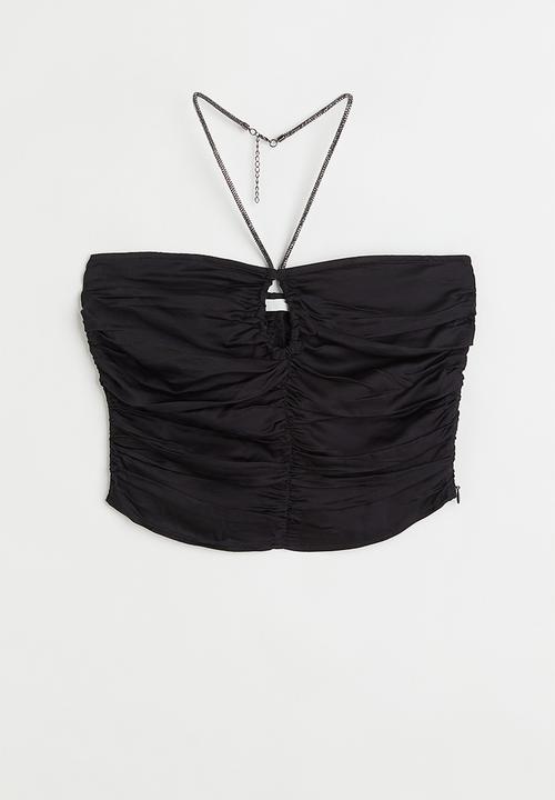 H&M - Gathered satin halterneck top - black