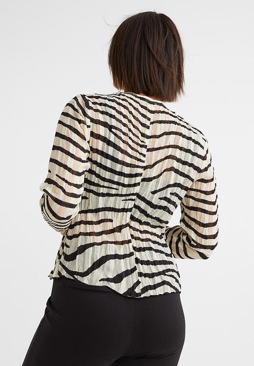 H&M - Jacquard-weave tie-detail blouse - cream/zebra-print