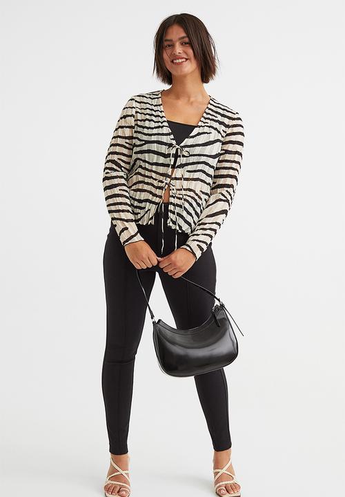 H&M - Jacquard-weave tie-detail blouse - cream/zebra-print