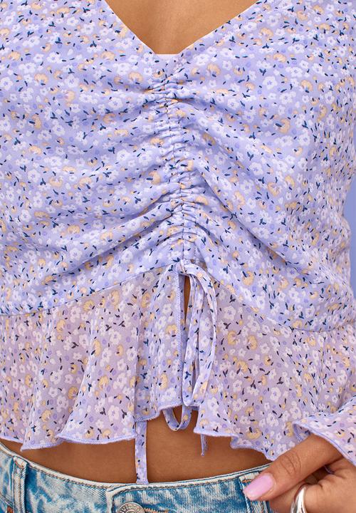H&M - Drawstring-detail chiffon blouse - light purple/small flowers
