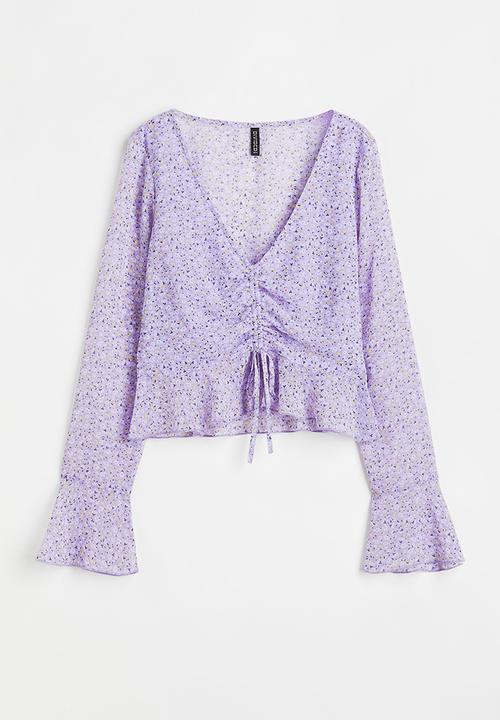 H&M - Drawstring-detail chiffon blouse - light purple/small flowers