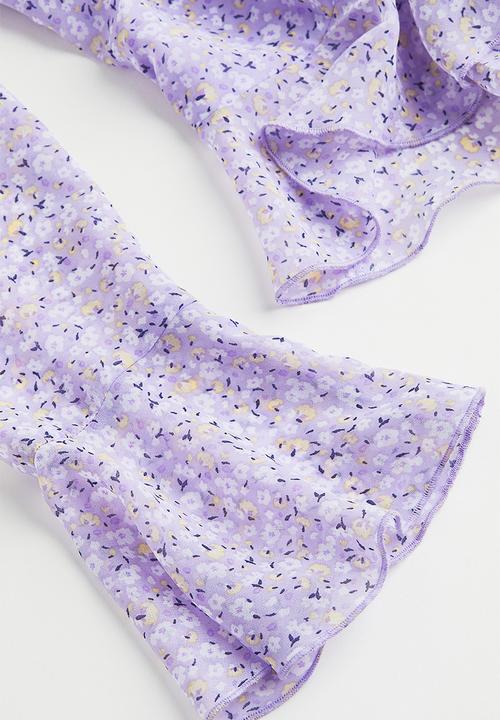 H&M - Drawstring-detail chiffon blouse - light purple/small flowers