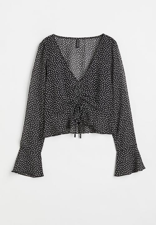 H&M - Drawstring-detail chiffon blouse -black/small flowers