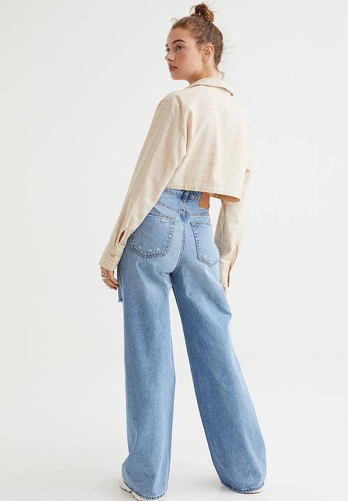 H&M - Cropped cotton shirt - light beige/white checked