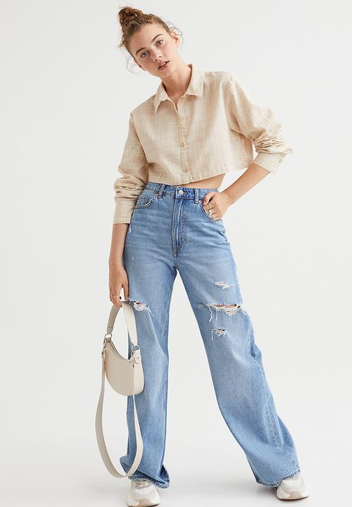 H&M - Cropped cotton shirt - light beige/white checked