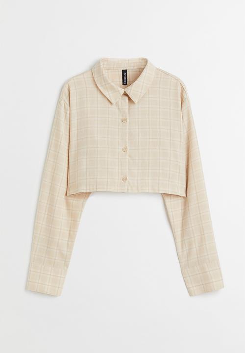 H&M - Cropped cotton shirt - light beige/white checked