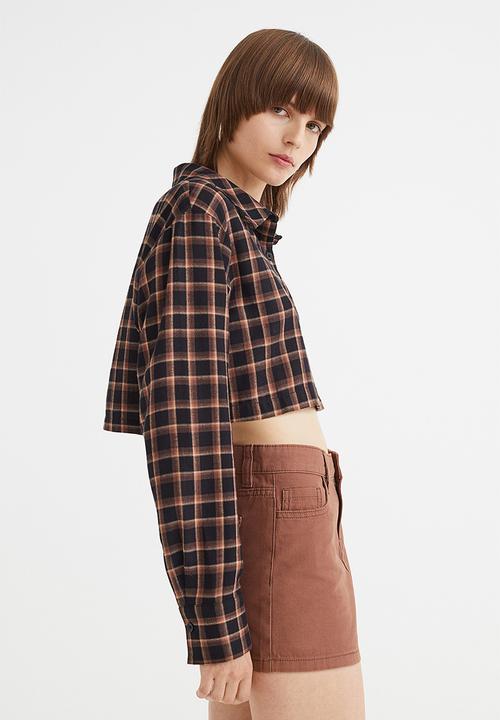 H&M - Cropped cotton shirt - black/checked 