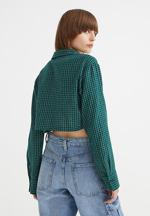 H&M - Cropped cotton shirt - dark green/checked
