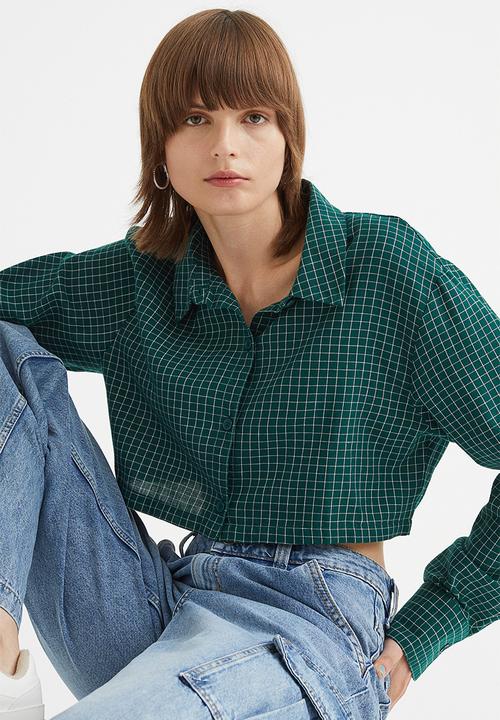 H&M - Cropped cotton shirt - dark green/checked