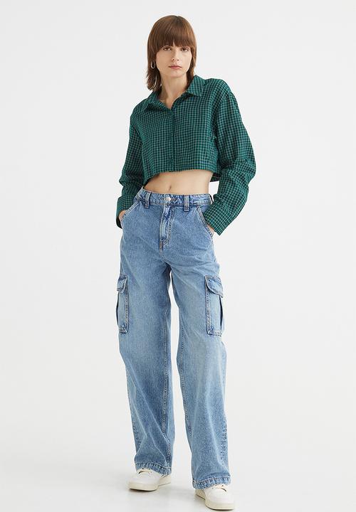 H&M - Cropped cotton shirt - dark green/checked
