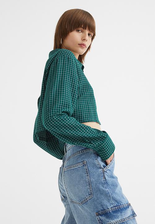 H&M - Cropped cotton shirt - dark green/checked