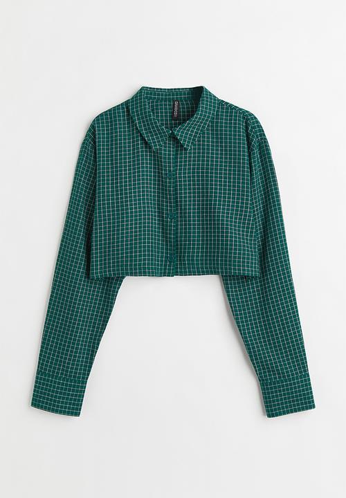 H&M - Cropped cotton shirt - dark green/checked