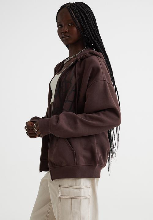 H&M - Oversized printed zip-through hoodie - dark brown/shadow play