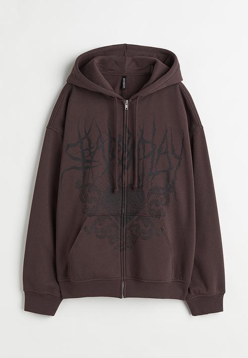 H&M - Oversized printed zip-through hoodie - dark brown/shadow play