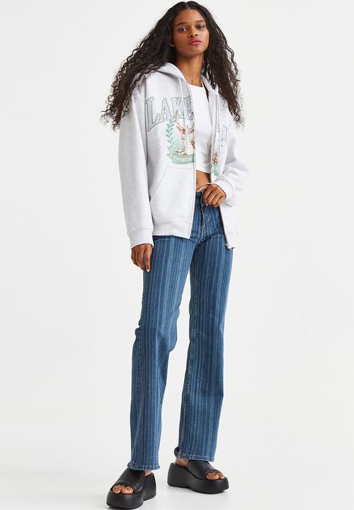 H&M - Oversized printed zip-through hoodie - light grey marl/lake erie