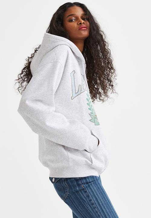 H&M - Oversized printed zip-through hoodie - light grey marl/lake erie