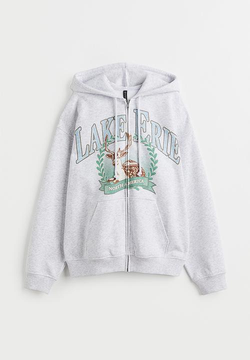 H&M - Oversized printed zip-through hoodie - light grey marl/lake erie