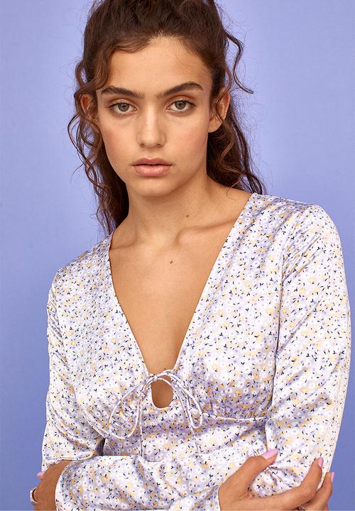 H&M - Patterned tie-detail dress - light purple/small flowers