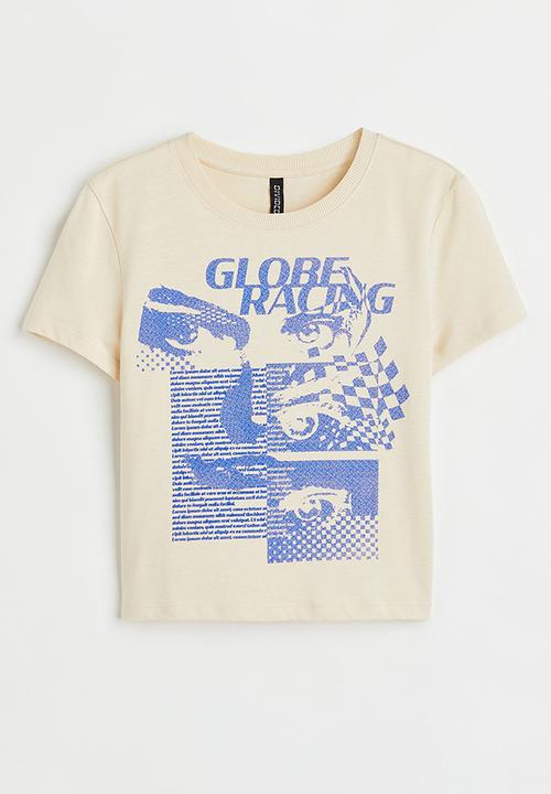 H&M - Cropped printed T-shirt - light beige/globe racing
