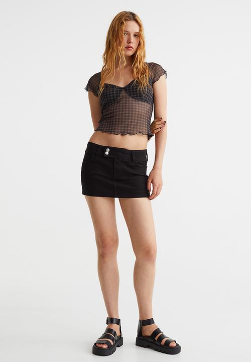 H&M - Lace-trimmed mesh top - black/checked