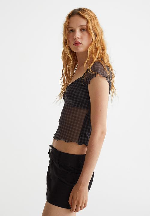 H&M - Lace-trimmed mesh top - black/checked