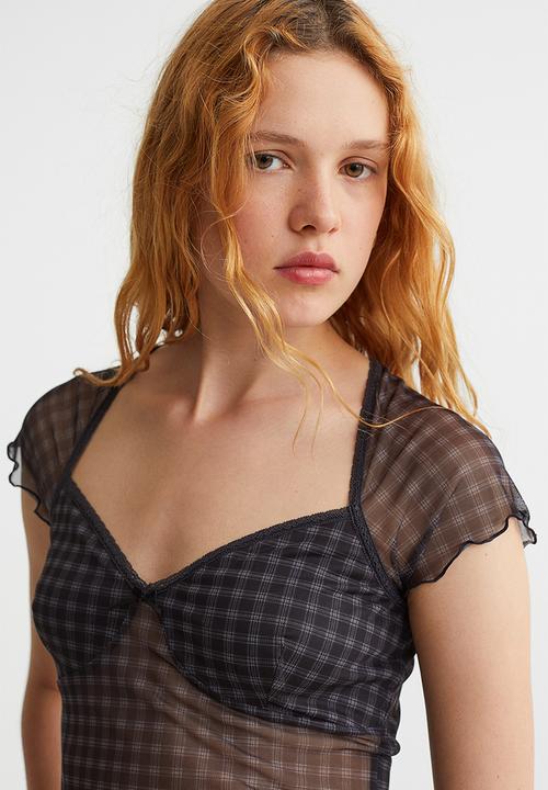 H&M - Lace-trimmed mesh top - black/checked