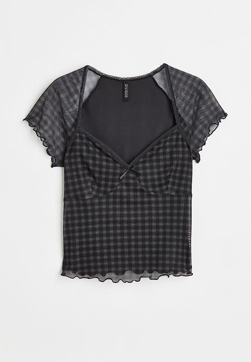 H&M - Lace-trimmed mesh top - black/checked
