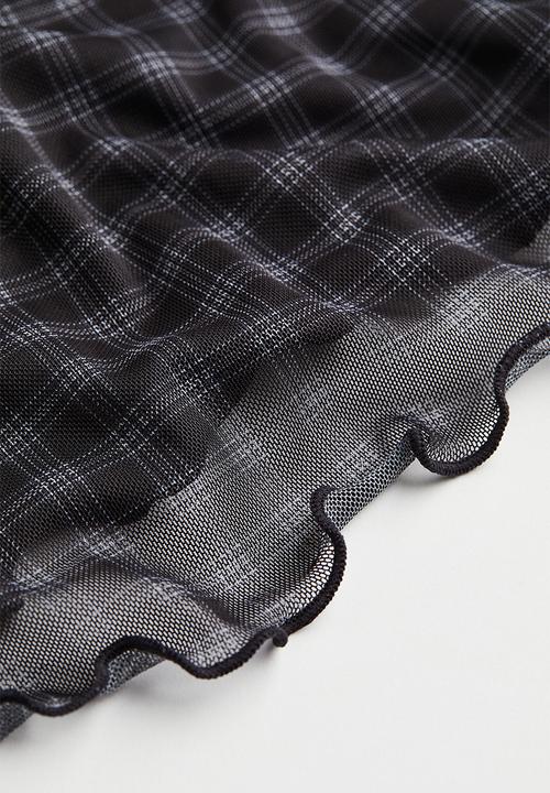 H&M - Lace-trimmed mesh top - black/checked