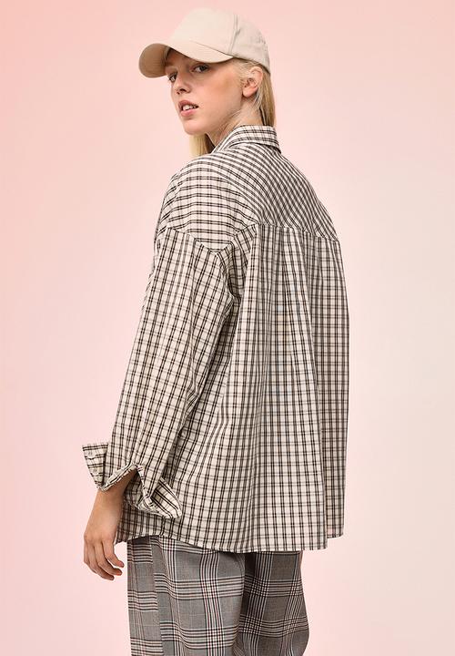 H&M - Oversized cotton shirt - light beige/checked