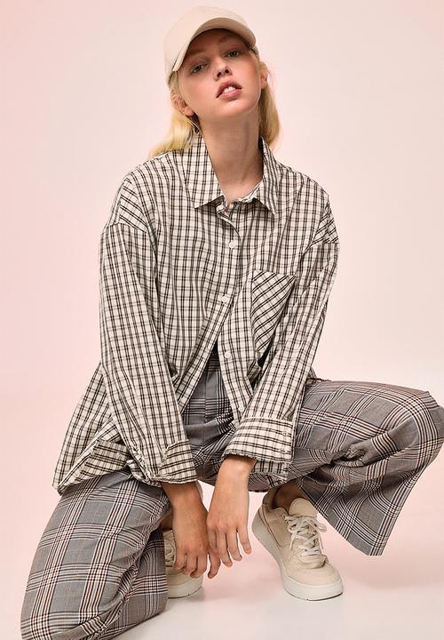 H&M - Oversized cotton shirt - light beige/checked