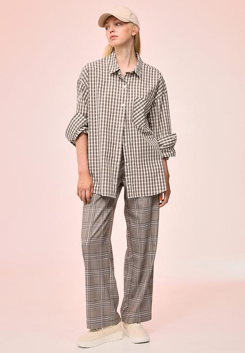 H&M - Oversized cotton shirt - light beige/checked