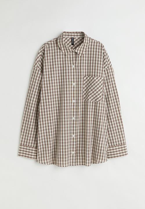 H&M - Oversized cotton shirt - light beige/checked