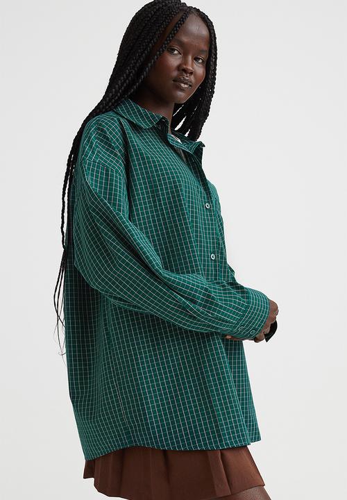 H&M - Oversized cotton shirt - dark green/checked