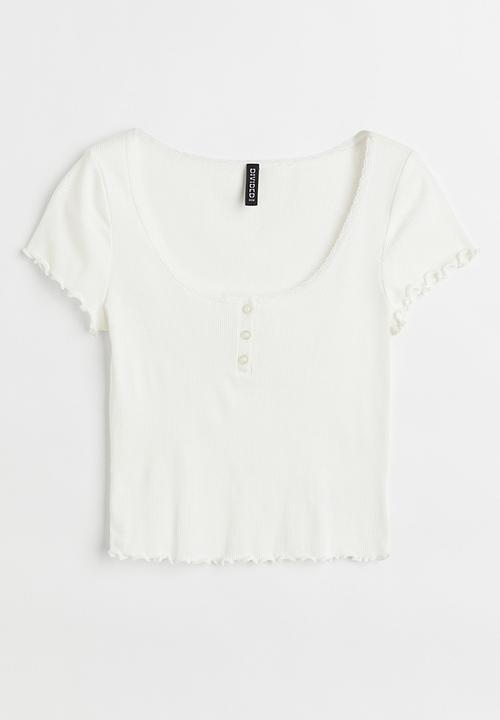 H&M - Ribbed button-placket T-shirt - white