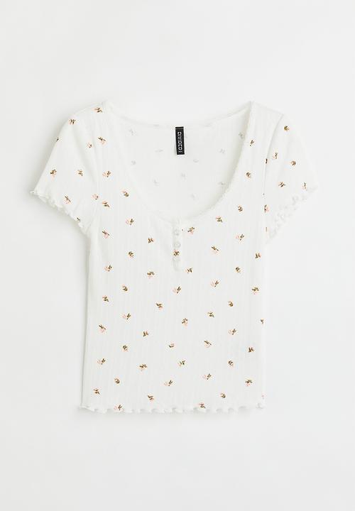 H&M - Ribbed button-placket T-shirt - white/small flowers