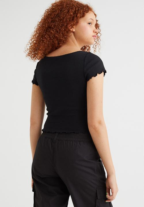 H&M - Ribbed button-placket T-shirt - black