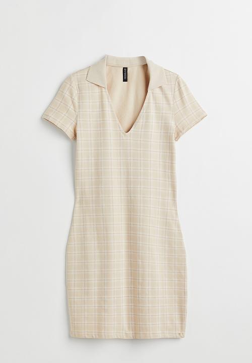 H&M - Collared bodycon dress - light beige/checked