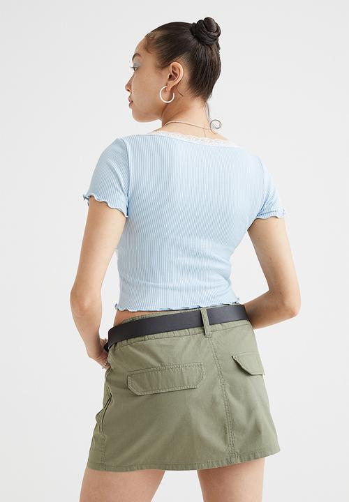 H&M - Lace-trim ribbed cropped top - light blue