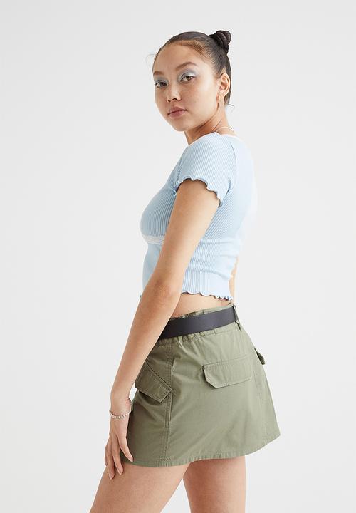 H&M - Lace-trim ribbed cropped top - light blue