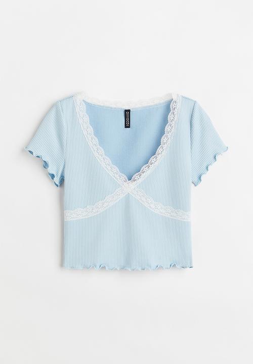 H&M - Lace-trim ribbed cropped top - light blue