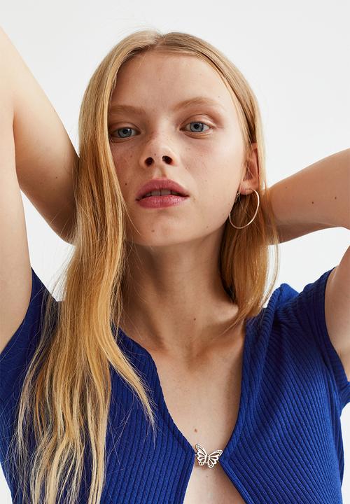 H&M - Butterfly-detail ribbed top - bright blue