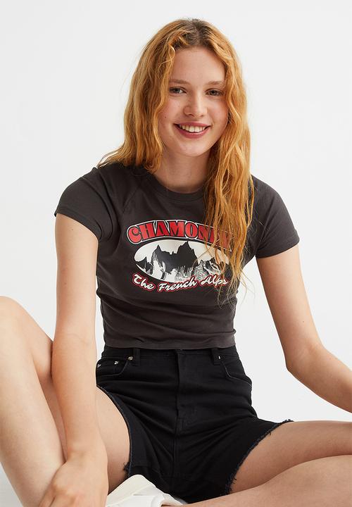 H&M - Cropped printed top - black/chamonix