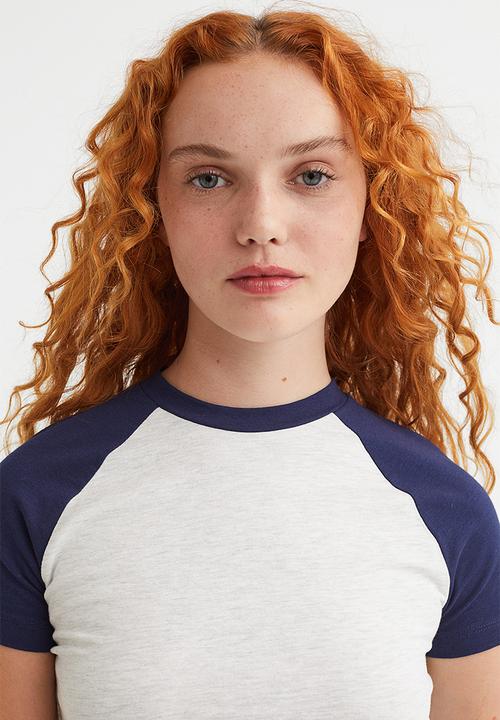 H&M - Cropped T-shirt - light grey marl/dark blue