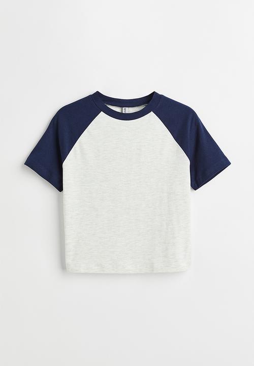 H&M - Cropped T-shirt - light grey marl/dark blue