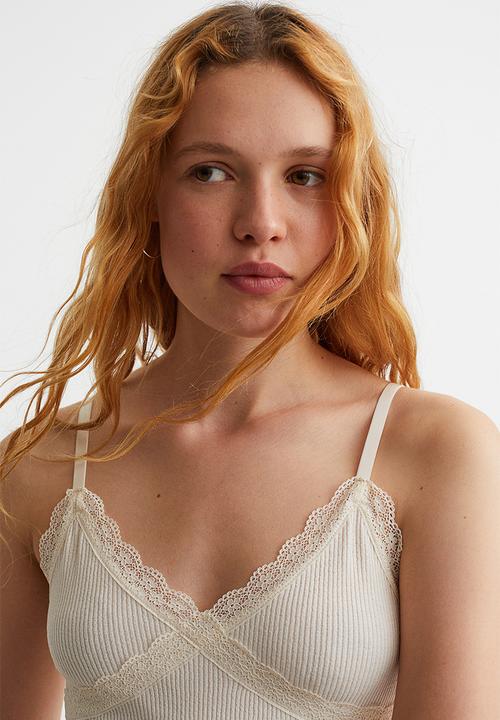 H&M - Lace-trimmed ribbed top - cream