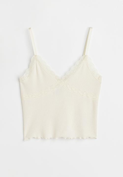 H&M - Lace-trimmed ribbed top - cream